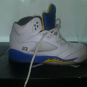Air Jordan 5s, blue and yellow